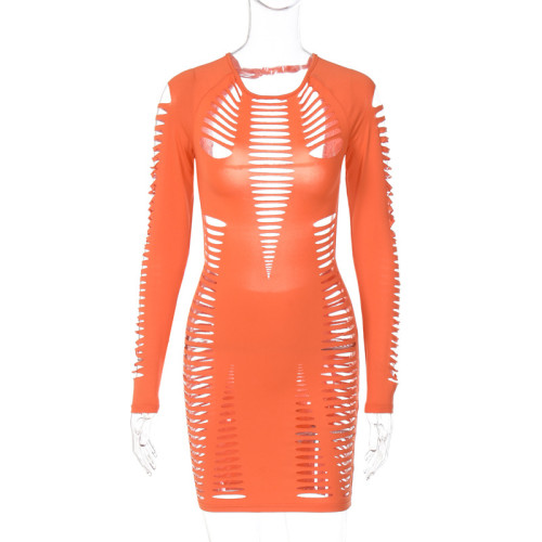 Fashionable sexy hollow open back round neck long sleeve hip wrap dress