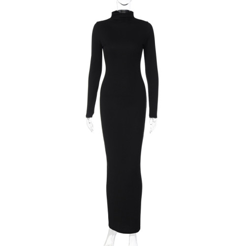Fashion solid color high neck slim long sleeve temperament dress