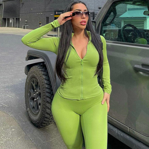 Fashion casual zipper long sleeve top slim yoga pants suit