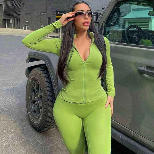 Fashion casual zipper long sleeve top slim yoga pants suit