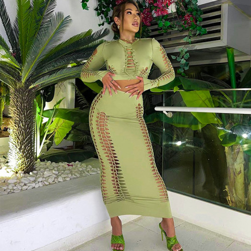 Fashion sexy hollow long sleeve top slim skirt suit