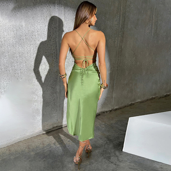 Fashion sexy backless lace up slim slit dress