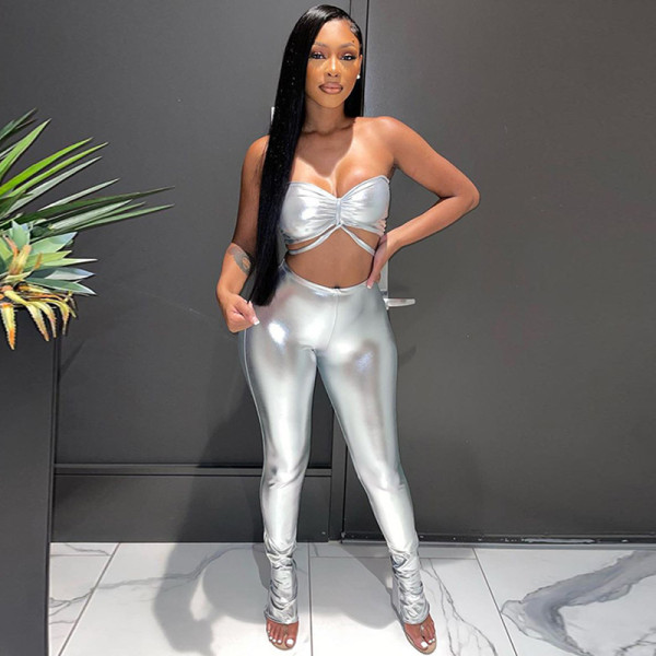 PU leather chest wrapped trousers two-piece fashion fit suit