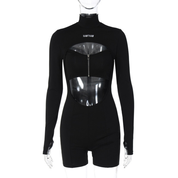 Sexy hollow chest zipper round neck long sleeve jumpsuit