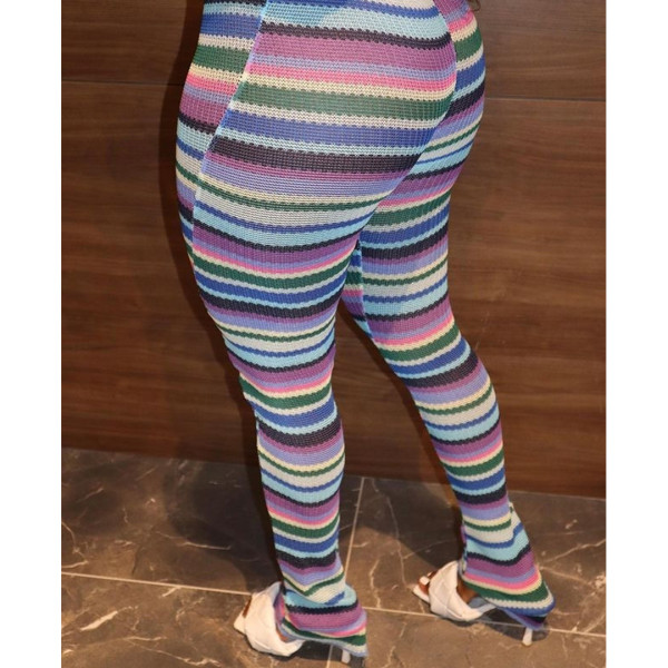 Color stripe knitted hollow jacquard fashion pile pants flared pants