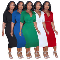 Fashion casual professional solid color lapel split belt dress