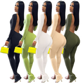 Sexy Finger Pullover Solid Open Back Flare Jumpsuit
