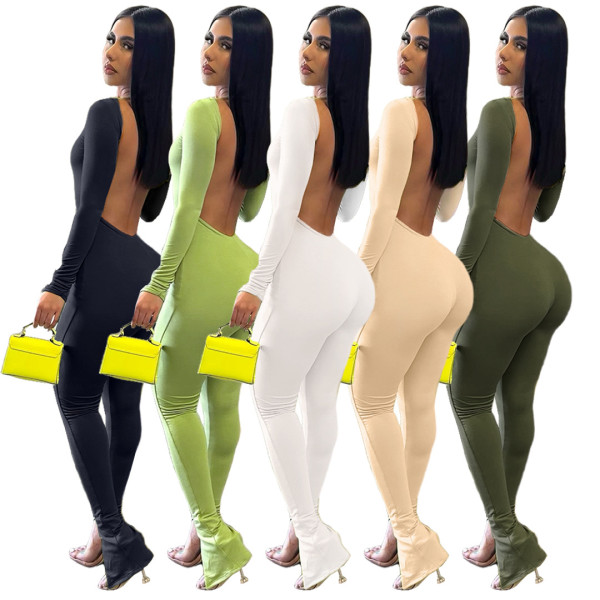 Sexy Finger Pullover Solid Open Back Flare Jumpsuit