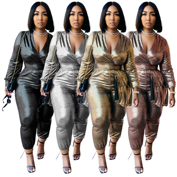 Gilded pit strip pleated zipper V-neck waist jumpsuit