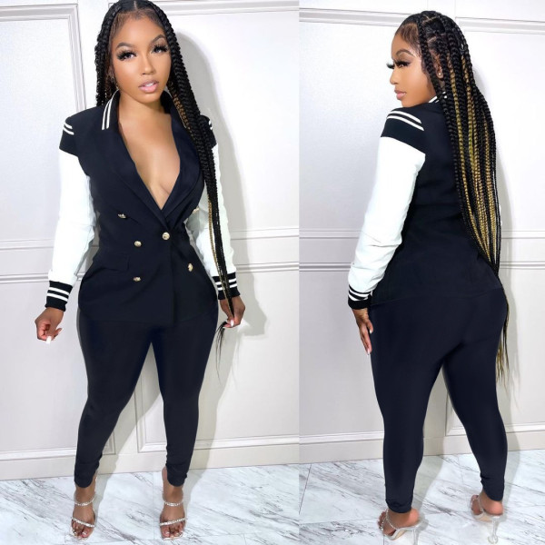 Women's lapel splicing suit button jacket commuter tight splicing pants set