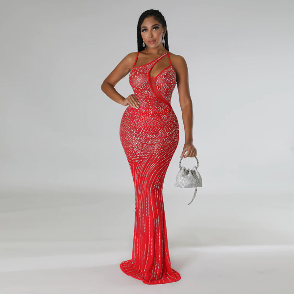 Perspective polyester mesh splicing straight tribute diagonal shoulder hot drilling fitting dress