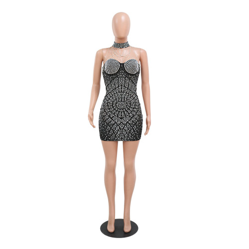 Sexy nightclub style hot drill neck hanging chain splicing backless short skirt slim buttocks dress
