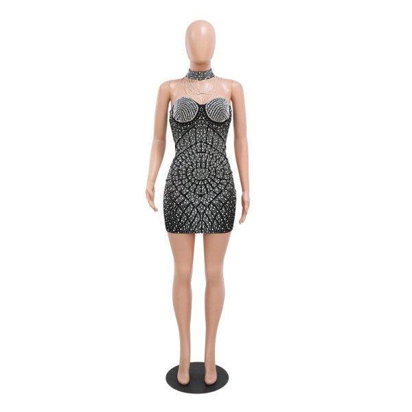 Sexy nightclub style hot drill neck hanging chain splicing backless short skirt slim buttocks dress