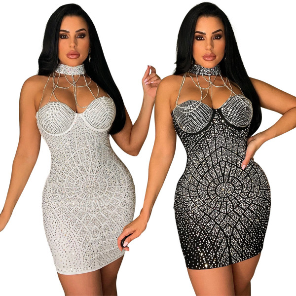 Sexy nightclub style hot drill neck hanging chain splicing backless short skirt slim buttocks dress