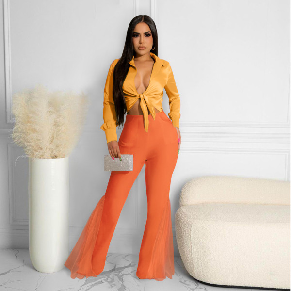 Sexy High Waist Slim Slim Versatile Mesh Patch Pocket Flare Pants