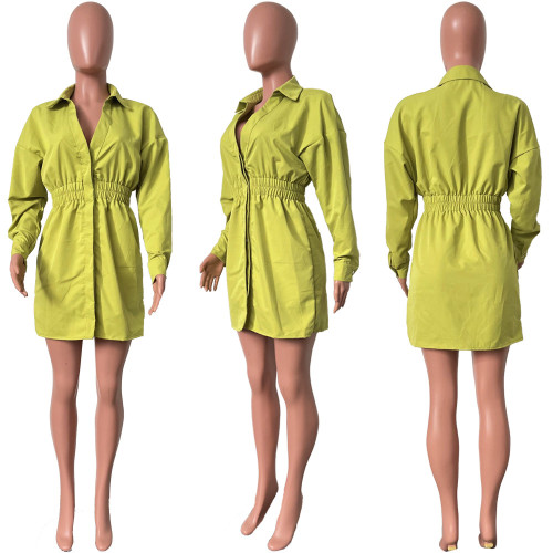 New Fashion V-Neck Short Skirt Temperament Slim High Waist Solid Drop Shoulder Sleeve Dress