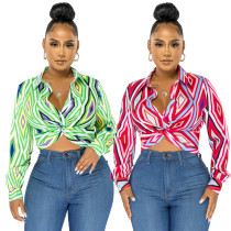 Fashion geometric printing twist button shirt top Fashion geometric printing twist button shirt top