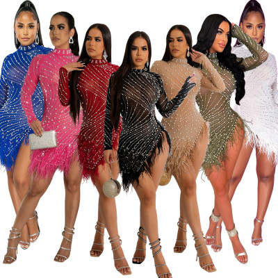 Fashionable sexy mesh hot drill bubble bead feather dress