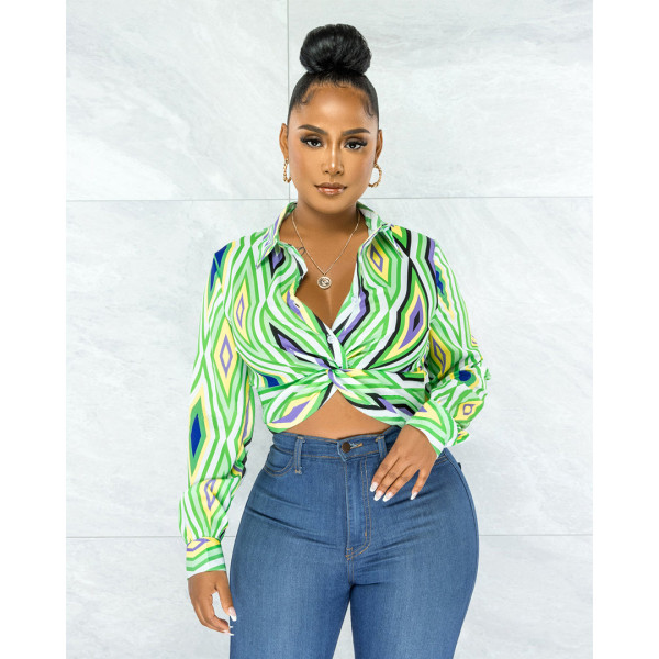 Fashion geometric printing twist button shirt top