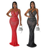 Perspective polyester mesh splicing straight tribute diagonal shoulder hot drilling fitting dress