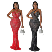 Perspective polyester mesh splicing straight tribute diagonal shoulder hot drilling fitting dress Perspective polyester mesh splicing straight tribute diagonal shoulder hot drilling fitting dress
