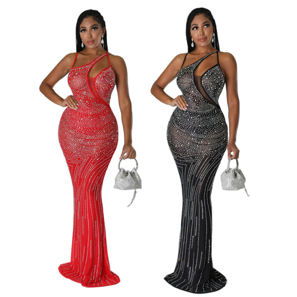 Perspective polyester mesh splicing straight tribute diagonal shoulder hot drilling fitting dress