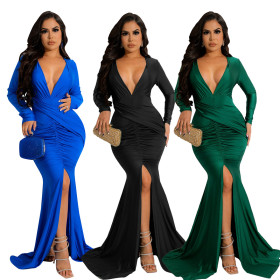 Women's deep V long sleeve pleated smooth bright color mop dress slit evening dress dress