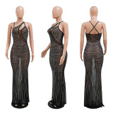 Perspective polyester mesh splicing straight tribute diagonal shoulder hot drilling fitting dress