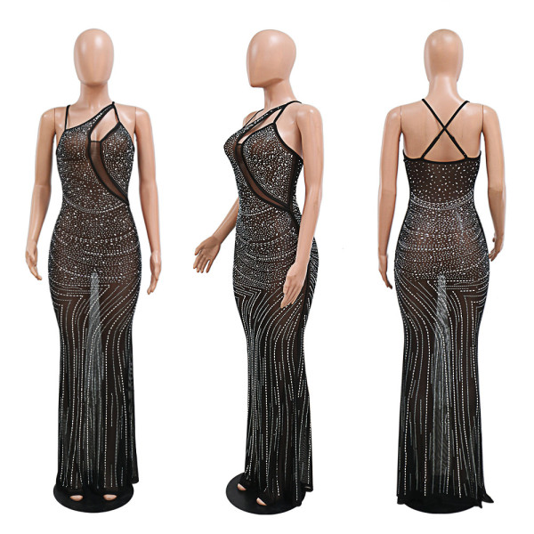 Perspective polyester mesh splicing straight tribute diagonal shoulder hot drilling fitting dress