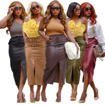 Women's sexy solid color fashion high-quality elastic split strap leather skirt