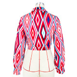 Fashion geometric printing twist button shirt top