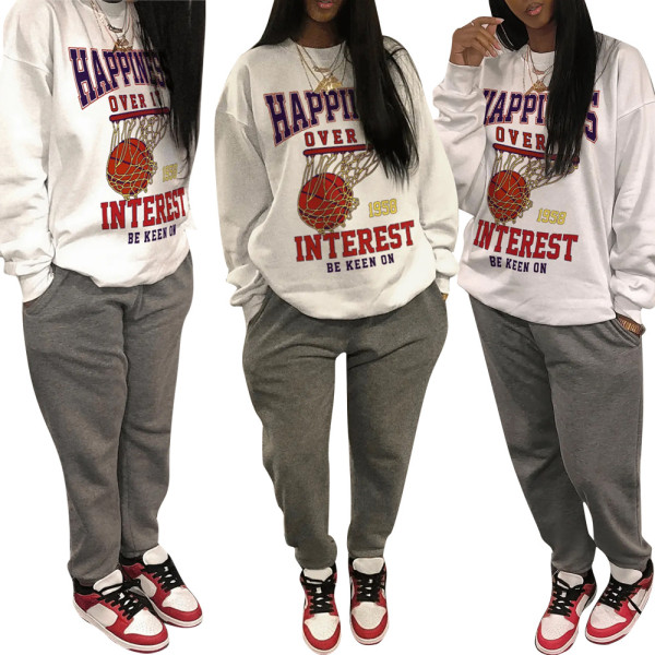 Fashion Casual Loose Long Sleeve Pants Alphabet Two Piece Bodysuit Pants Set Women's Dress