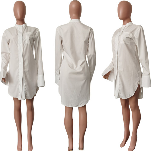 Autumn and Winter New Fashion POLO Neck Short Dress Sexy Side Split Solid Shirt Dress