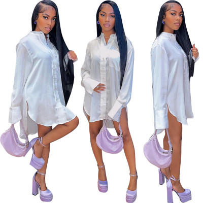 Autumn and Winter New Fashion POLO Neck Short Dress Sexy Side Split Solid Shirt Dress