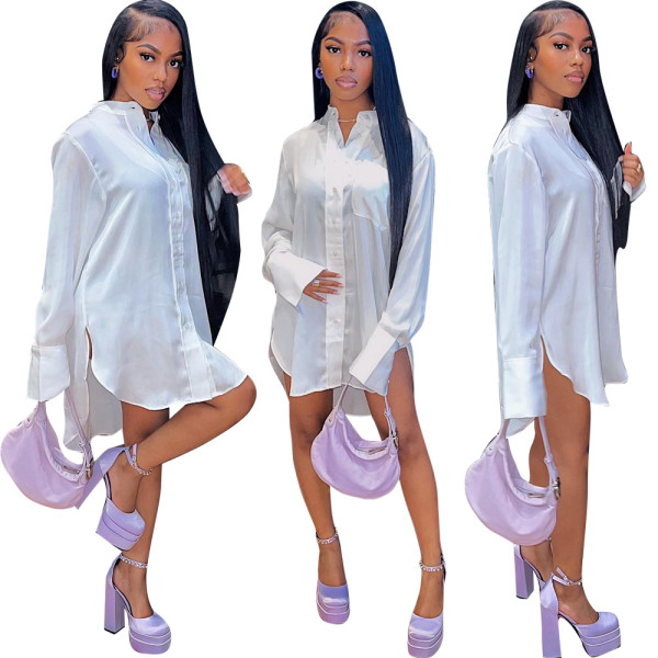 Autumn and Winter New Fashion POLO Neck Short Dress Sexy Side Split Solid Shirt Dress