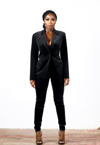 Sexy women's solid color dark V fashion suit two-piece set