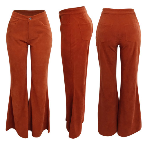 High waist pocket micro speaker solid corduroy fastener zipper trousers