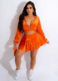 Golden velvet hooded cardigan zipper lantern sleeve wavy skirt suit