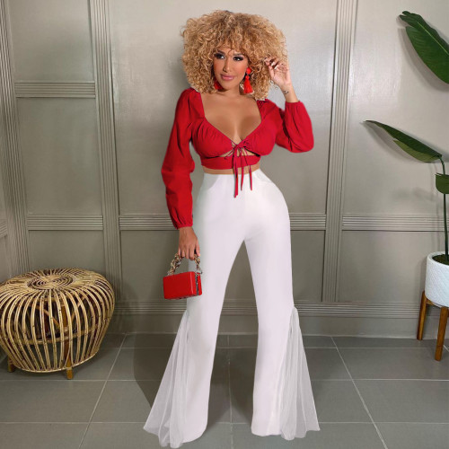 Sexy High Waist Slim Slim Versatile Mesh Patch Pocket Flare Pants