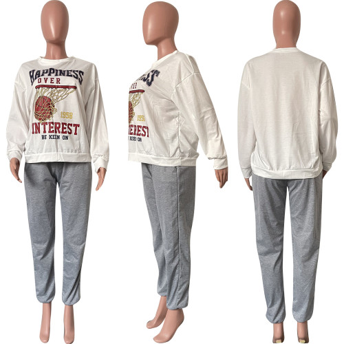 Fashion Casual Loose Long Sleeve Pants Alphabet Two Piece Bodysuit Pants Set Women's Dress