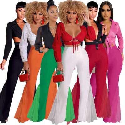 Sexy High Waist Slim Slim Versatile Mesh Patch Pocket Flare Pants