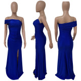 Women's sloping shoulder off the neck mercerized mop dress slit evening dress dress