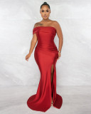 Women's sloping shoulder off the neck mercerized mop dress slit evening dress dress