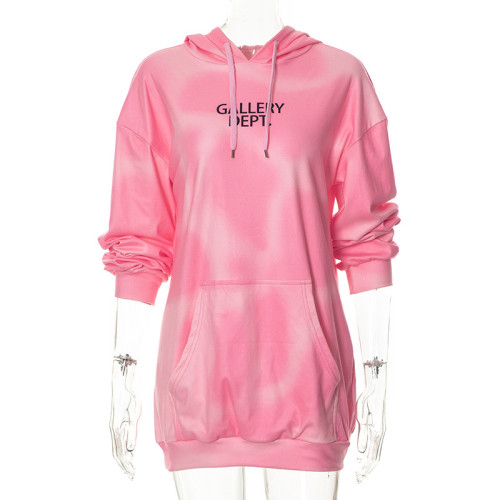 Hooded Cord Long Sleeve Lettering Long Sweater Pocket Top