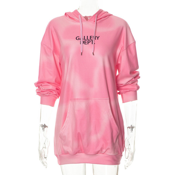 Hooded Cord Long Sleeve Lettering Long Sweater Pocket Top