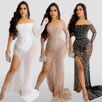 Sexy Hot Diamond Wrapped Chest Perspective Side Slim Dress Sexy Hot Diamond Wrapped Chest Perspective Side Slim Dress