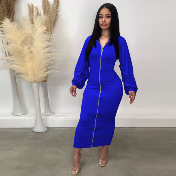 Solid double zipper pleated sleeve dress