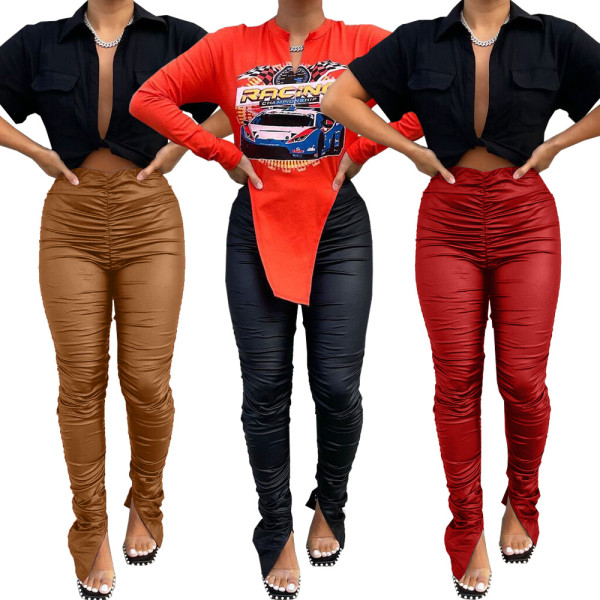 Women's pleated tight and versatile high elastic PU leather casual pants