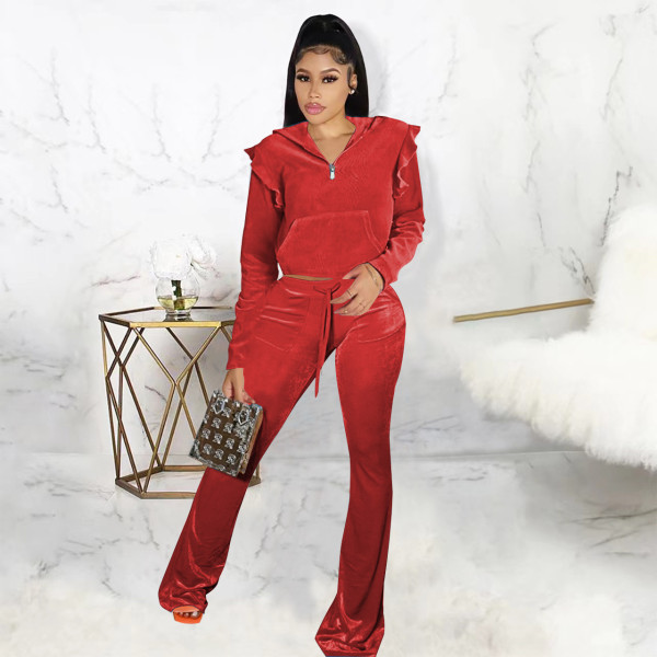 Women's cute ruffle zipper pullover top pocket flare pants