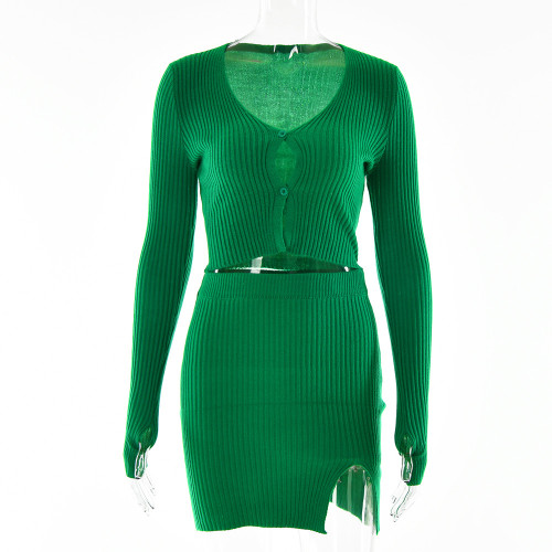 Woven women's sweater two-piece new sexy V-neck long sleeve high waist skirt suit in autumn and winter